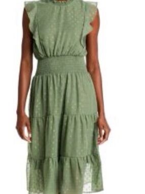 NWT! Sz L Koko + Mason Olive Green Sleeveless Tiered Midi Dress